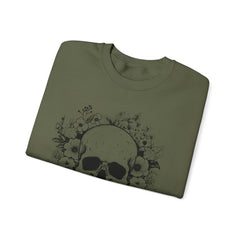 Skull & Floral Crewneck Sweatshirt — Gothic Skull with Flowers Graphic - Halloween