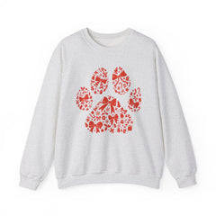 Christmas Bow Paw Print Gildan Sweatshirt — Red Heart Paw Design for Pet Lovers