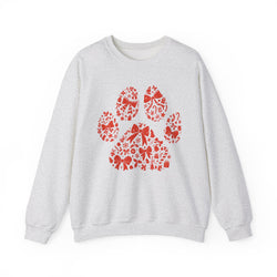 Christmas Bow Paw Print Gildan Sweatshirt — Red Heart Paw Design for Pet Lovers