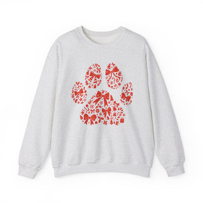 Christmas Bow Paw Print Gildan Sweatshirt — Red Heart Paw Design for Pet Lovers