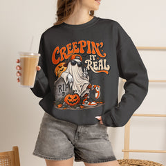 Halloween Ghost Sweatshirt — “Creepin’ It Real” Retro Pumpkin Graveyard Crewneck