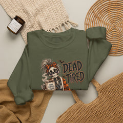 Dead Tired Halloween Crewneck Sweatshirt – Sleepy Skeleton Coffee Graphic Halloween