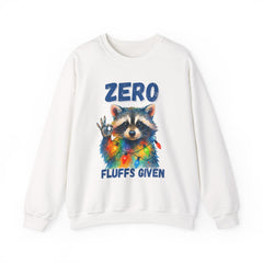Crewneck Sweatshirt — "Zero Fluffs Given" Raccoon Holiday Gildan Crewneck