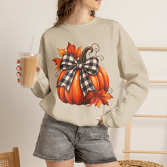 Fall Pumpkin Crewneck Sweatshirt – Buffalo Check Bow & Autumn Leaves