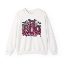 BOO Halloween Crewneck Sweatshirt — Pink Gothic Bat & Floral Design