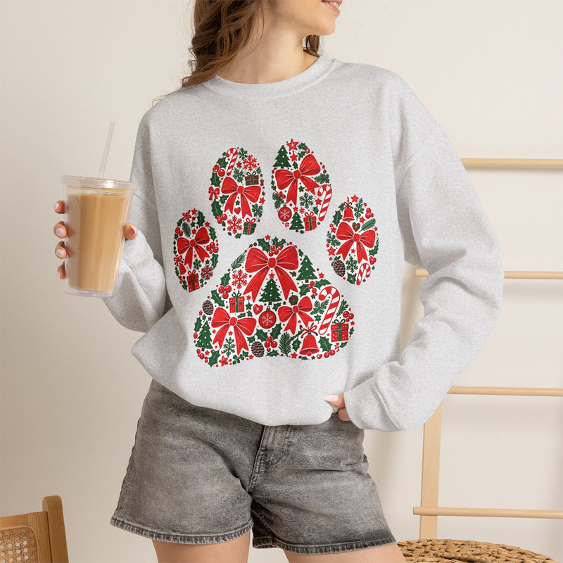 Christmas Bow Paw Print Gildan Sweatshirt — Red Heart Paw Design for Pet Lovers