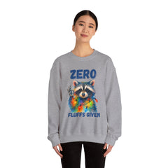 Crewneck Sweatshirt — "Zero Fluffs Given" Raccoon Holiday Gildan Crewneck