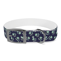 Dog Collar- Navy With Turquoise Paw Prints