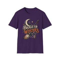 Buckle Up Witches T-Shirt — Retro Moon & Broom Halloween Tee- BP
