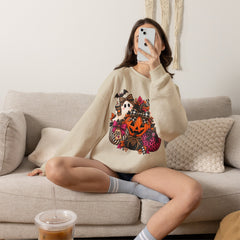 Halloween Pumpkin & Ghost Crewneck Sweatshirt — Cute Spooky Pink Leopard Fall Graphic
