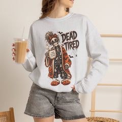 Dead Tired Halloween Crewneck Sweatshirt – Sleepy Skeleton Coffee Graphic Halloween