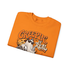 Halloween Ghost Sweatshirt — “Creepin’ It Real” Retro Pumpkin Graveyard Crewneck