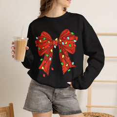 Festive Christmas Bow with Lights, Crewneck Sweatshirt, Holiday Sweatshirt, Winter Fashion, Christmas Apparel
