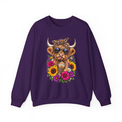 Highland Cow Floral Crewneck Sweatshirt – Sunflower Cow with Bandana & Sunglasses