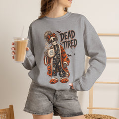 Dead Tired Halloween Crewneck Sweatshirt – Sleepy Skeleton Coffee Graphic Halloween