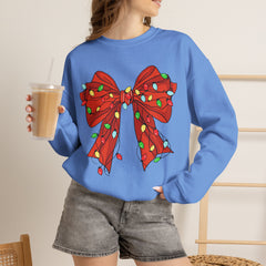 Festive Christmas Bow with Lights, Crewneck Sweatshirt, Holiday Sweatshirt, Winter Fashion, Christmas Apparel