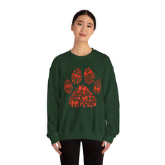 Christmas Bow Paw Print Gildan Sweatshirt — Red Heart Paw Design for Pet Lovers