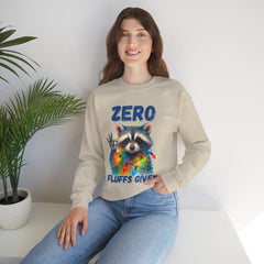 Crewneck Sweatshirt — "Zero Fluffs Given" Raccoon Holiday Gildan Crewneck