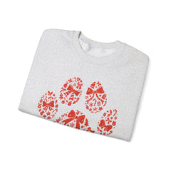 Christmas Bow Paw Print Gildan Sweatshirt — Red Heart Paw Design for Pet Lovers