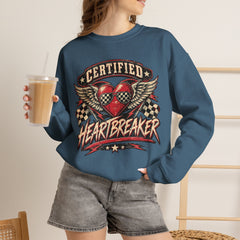 Certified Heartbreaker Crewneck Sweatshirt — Vintage Racing Winged Valentines Heart Graphic