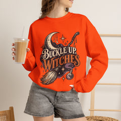 Buckle Up Witches Crewneck Sweatshirt — Retro Moon, Broom & Cauldron Halloween Pullover