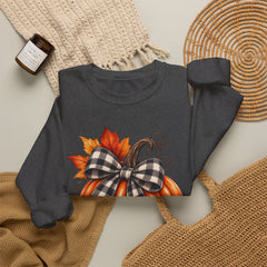 Fall Pumpkin Crewneck Sweatshirt – Buffalo Check Bow & Autumn Leaves