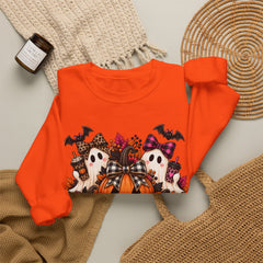 Halloween Pumpkin & Ghost Crewneck Sweatshirt — Cute Spooky Pink Leopard Fall Graphic