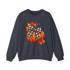 Fall Pumpkin Crewneck Sweatshirt – Buffalo Check Bow & Autumn Leaves