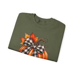Fall Pumpkin Crewneck Sweatshirt – Buffalo Check Bow & Autumn Leaves