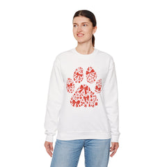 Christmas Bow Paw Print Gildan Sweatshirt — Red Heart Paw Design for Pet Lovers