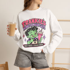 Frankie’s Monstermash Café Sweatshirt — Retro Cute Frankenstein Milkshake Halloween Crewneck