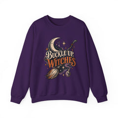 Buckle Up Witches Crewneck Sweatshirt — Retro Moon, Broom & Cauldron Halloween Pullover