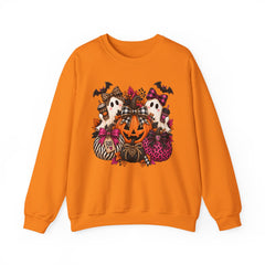 Halloween Pumpkin & Ghost Crewneck Sweatshirt — Cute Spooky Pink Leopard Fall Graphic