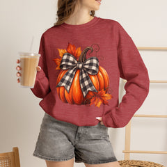 Fall Pumpkin Crewneck Sweatshirt – Buffalo Check Bow & Autumn Leaves