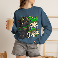 St. Patrick’s Black Cat Sweatshirt  "Pinch Me, Lose a Finger" Graphic Crewneck