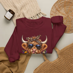 Highland Cow Floral Crewneck Sweatshirt – Sunflower Cow with Bandana & Sunglasses