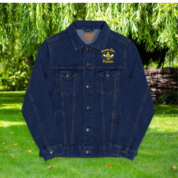 QueenBeeFizzin Embroidered Unisex Denim Jacket - Trendy Casual Wear for All, Perfect for Fashion Lovers, Black & Blue Denim