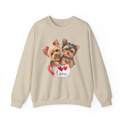 Yorkshire Terriers in Coffee Cup Sweatshirt - Valentine's Day Cuteness