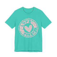 Heart Stamp Tee — Pink 'Love More' Graphic T-Shirt