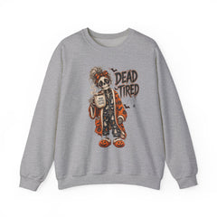 Dead Tired Halloween Crewneck Sweatshirt – Sleepy Skeleton Coffee Graphic Halloween