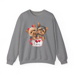 Yorkshire Terriers in Coffee Cup Sweatshirt - Valentine's Day Cuteness