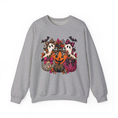 Halloween Pumpkin & Ghost Crewneck Sweatshirt — Cute Spooky Pink Leopard Fall Graphic