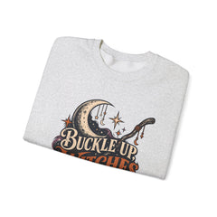 Buckle Up Witches Crewneck Sweatshirt — Retro Moon, Broom & Cauldron Halloween Pullover