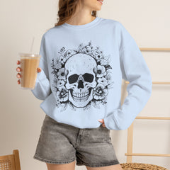 Skull & Floral Crewneck Sweatshirt — Gothic Skull with Flowers Graphic - Halloween