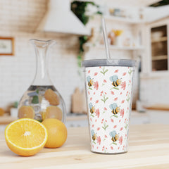 Bee-themed Plastic Tumbler with Straw, Eco-friendly Drinkware, Floral Cup, Summer Hydration, Cute Gift for Bee Lovers