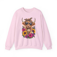 Highland Cow Floral Crewneck Sweatshirt – Sunflower Cow with Bandana & Sunglasses