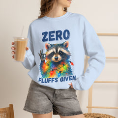 Crewneck Sweatshirt — "Zero Fluffs Given" Raccoon Holiday Gildan Crewneck