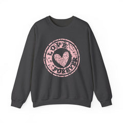 Crewneck Sweatshirt — Pink 'Love More' Heart Stamp Graphic