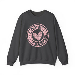 Crewneck Sweatshirt — Pink 'Love More' Heart Stamp Graphic