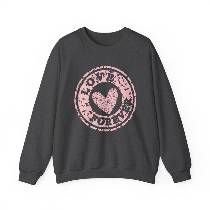 Crewneck Sweatshirt — Pink 'Love More' Heart Stamp Graphic